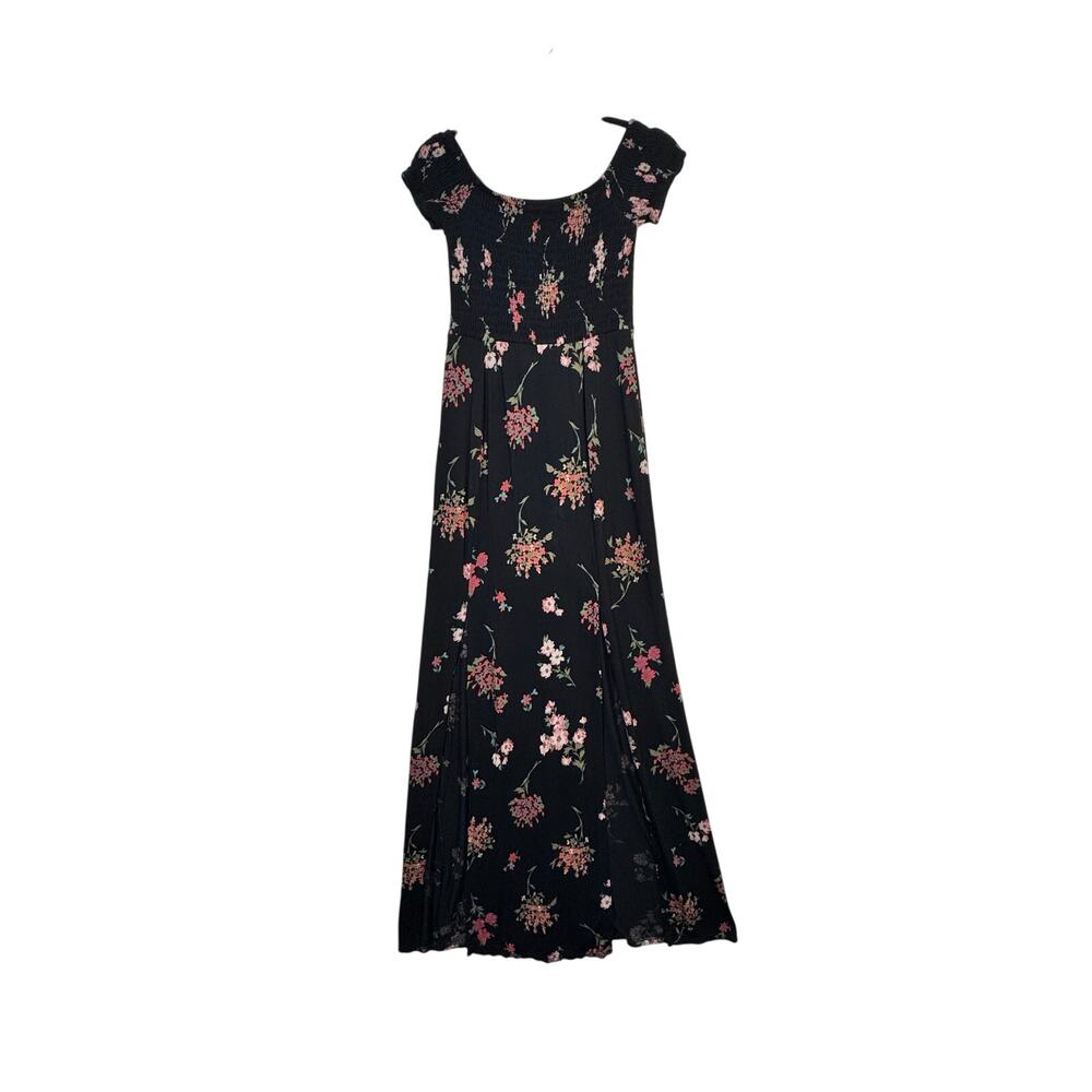 Express Y2K VTG Side Slit Maxi Dress Black Dark Pink Floral Smocked Bodice Small